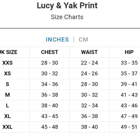 Nancy Flower. . Lucy and yak size chart